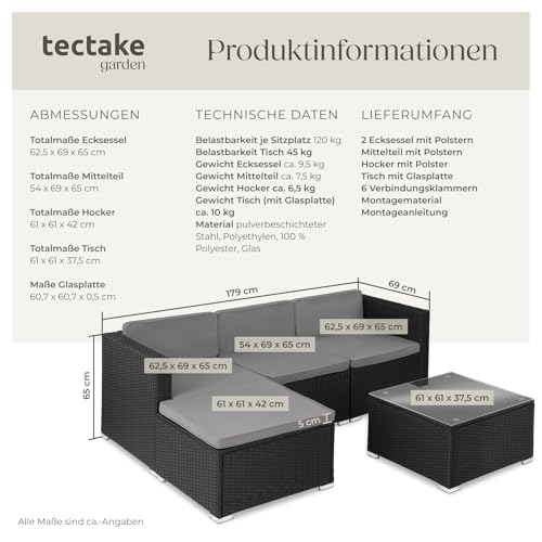 tectake® Poly Rattan Lounge, Outdoor Sitzgruppe, Set mit Sofa Sessel, Hocker, Tisch, frei kombinierbar, Sitzecke für 3-4 Personen, Möbel wetterfest für Garten Terrasse Balkon - schwarz 6