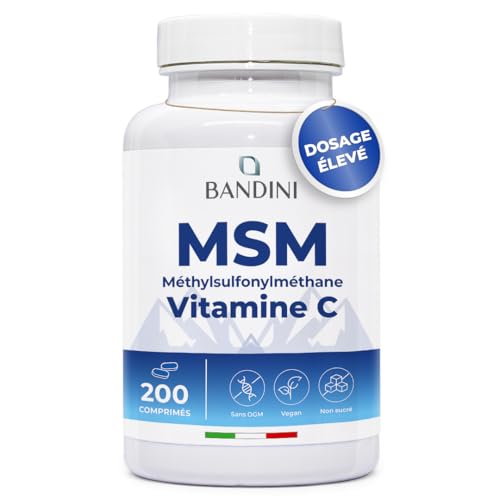 Bandini® MSM 2000mg de Méthylsulfonylméthane (Soufre Pur MSM) + Vitamine C par Dose Quotidienne | Poudre pour Articulations, Cheveux, Os et Peau | 100% Vegan | 200 Comprimés à Haute Dose