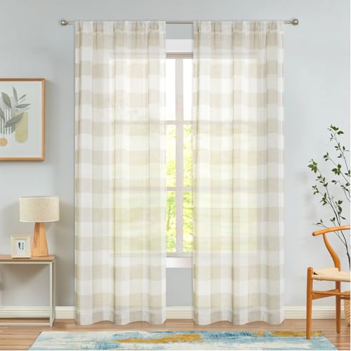 Amzdecor Tan Buffalo Plaid Curtains 84 Inch Long Linen Textured Sheer Panels Buffalo Check Plaid Rod Pocket Rustic Window Treatment Sets for Living Room Bedroom Farmhouse,2 Panels,40'x84'',Tan/Beige