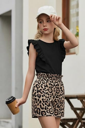 Image of Arshiner Girls Clothes Summer Outfits Ruffle Sleeve Tops and Paperbag Waist Shorts with Pockets Kids Clothing Set