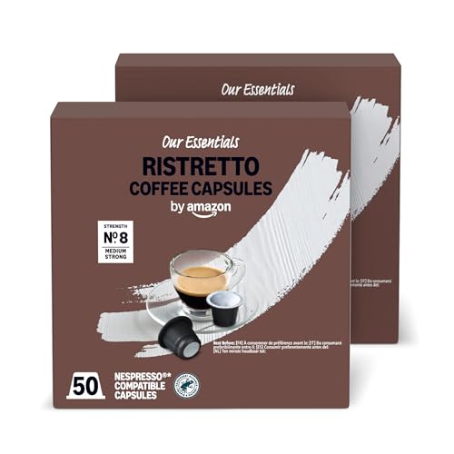 by Amazon Cápsulas de Café Ristretto de Plástico Compatibles con Nespresso, Tostado Medio, 100 Unidades (2 Paquetes de 50), Certificadas por Rainforest Alliance