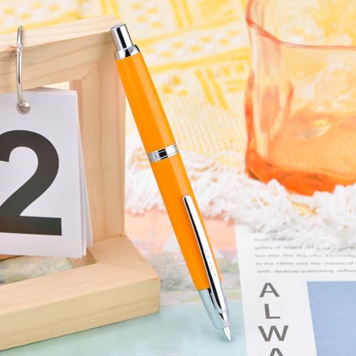 Image of Jinhao 10 Press Fountain Pen with Box, Orange Retractable Fine Nib with Converter Set (Silver Clip)