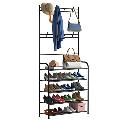 Kocaso Coat Hat Rack Shoe Storage Shelf 5 Tier Shoe Rack Freestanding Hall Tree Garment Hanger Stand Clothes Shoe Organizer Combo #TOP27
