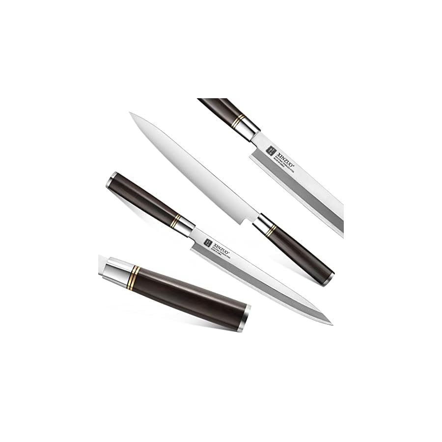 XINZUO Stainless Steel 9.5 Inch Yanagiba Knife,X7Cr17MoV Forged Steel Sashimi Knife,Single-edged Blade,Professional Chef Knife for Fish Filleting,Slicing-Ebony Wood Handle-Betula Wooden Sheath