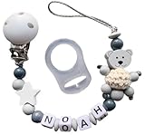 PERSONALISIERTES BABYGESCHENK Nuckelkette mit Namen süße Bär & Stern Weiß/Grau für Mädchen & Junge personalisierte Baby Geschenk