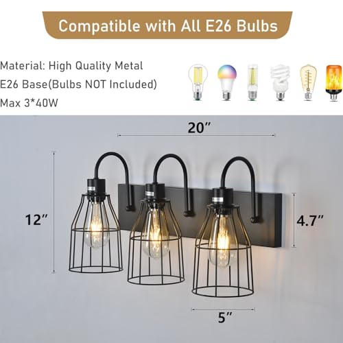 Image of Bathroom Light Fixtures, 3-Light Wall Sconce with Metal Cage, Farmhouse Vanity Light, Black Anti-Rust Wall Lamp for Mirror, Cabinets, Kitchen, Living Room, Workshop, Bedroom