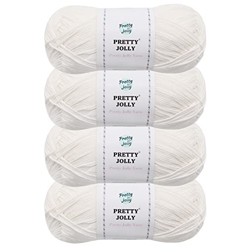 Pretty Jolly Lot de 4 écheveaux de fil doux pour bébé 100 % coton pour crochet à tricoter, 4 plis, pour loisirs créatifs, longueur totale : 4 x 175 m/4 x 50 g, blanc Cover