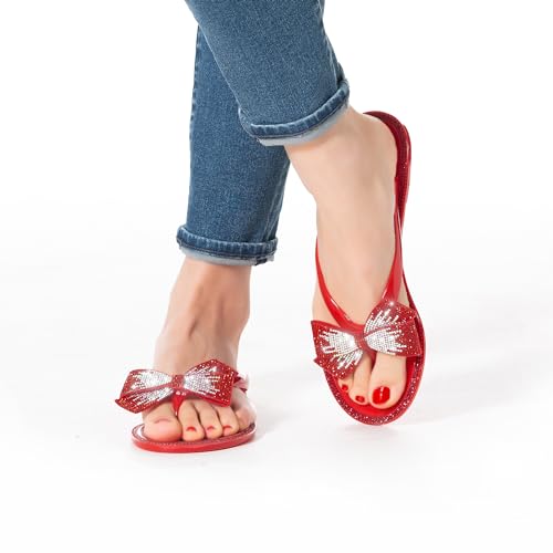 Image of Mtzyoa Women Flip-Flops Flat Sandals Jelly Bow Beach Flat Rivets Rain Cute Dressy Summer Sandals