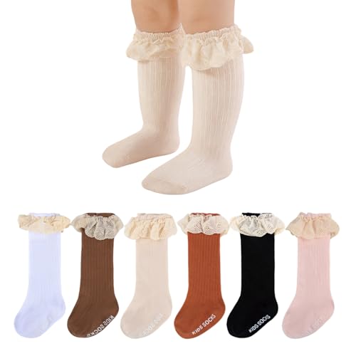 Image of MKYSZLT 6 Pairs Baby Girl Knee High Socks Newborn Infant Toddler Cotton Long Lace Ruffle Socks Tall Frilly Dress Stockings