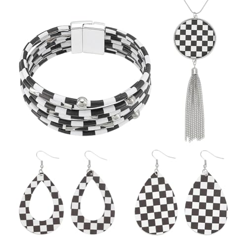 UNICRAFTALE Ensemble De Bijoux En Similicuir Tartan Noir Et Blanc Boucles d'Oreilles Pendantes Collier À Franges Bracelet Multi Couches Ensemble Stylisé De...
