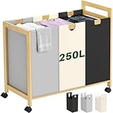 Homykic 250L Laundry Sorter Cart with Wheels, 3-Section Rolling Laundry Basket with Removable Bags, 66 Gal Large Laundry Hamper Organizer, Heavy Duty Bamboo Frame, Water-Resistant, Multicolor