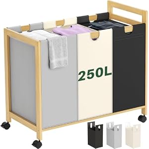 Homykic 250L Laundry Sorter Cart with Wheels, 3-Section Rolling Laundry Basket with Removable Bags, 66 Gal Large Laundry Hamper Organizer, Heavy Duty Bamboo Frame, Water-Resistant, Multicolor
