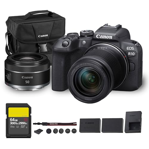 Image of Canon EOS R10 Mirrorless Camera Kit | 24.2MP APS-C Sensor with RF-S 18-150mm Lens | 4K Video Dual Pixel AF Compact Travel Photography (5331C016) + Canon RF 50mm f /1.8 STM Lens + 64GB Card + More
