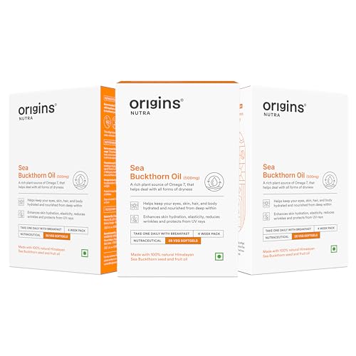 Image of Origins Nutra Sea Buckthorn Oil| Seed & Pulp Extract | Omega-7 for Skin, Hair & Eye Hydration | GMP Certified | 28 Veg. Softgels | Pack of 3