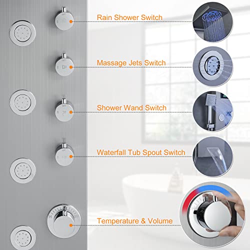 ROVATE Modern LED Rainfall Waterfall Shower Panel Tower System, Multi-function Stainless Steel Shower Tower Rain Massage System with Powerful Body Jets, Shower Wand, Tub Spout(Brushed Finish) - Thumbnail 6