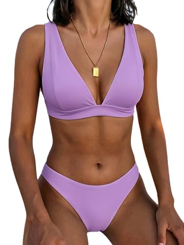 Image of Bathing Suits for Women Deep V Neck Sexy Two Piece Bikini Sets for Women Thong Halter Cheeky Swimsuit