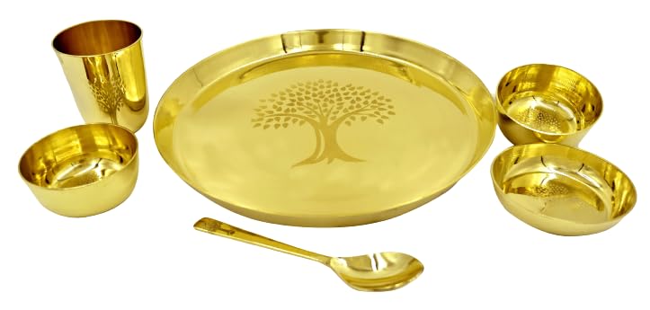 RBHMC Bronze Master Pure Lead-Free Brass Life Tree Design Dinner Set 6 Pcs - Thail, Bowl, Spoon, Glass, Brass Dinner Set Size-11.5 Inch