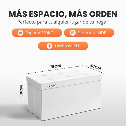Miniatura 3 de Jupplies Puff De Almacenaje 80 L, 76 X 38 X 38 Cm - Baúl De Almacenamiento Con Tapizado Pvc, Plegable Y Acolchado - Banco Con Tapa Soporta 300 Kg Para Dormitorio, Salón O Vestidor - Blanco
