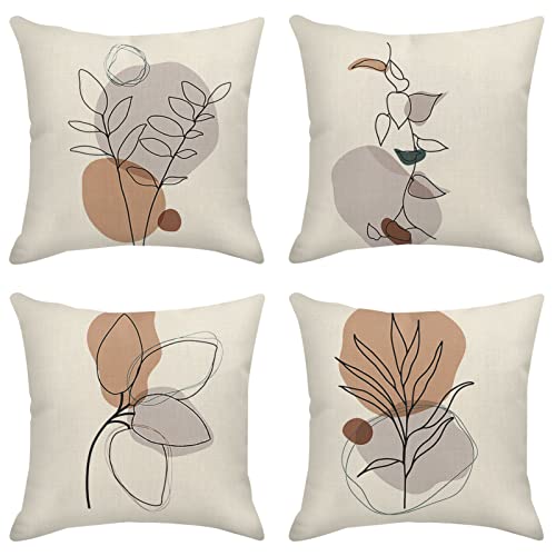 Sanwarm Linen Throw Pillow Covers Set of 4, 18 x 18 Inch, Boho Botanical