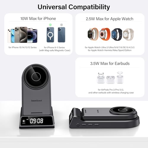 SwanScout Wireless Charger for iPhone, SwanScout 702M, 3 in 1 Magnetic Charger for iPhone 15/14/13/12 Series, for Apple Watch Ultra 2/9/8/7 & for AirPods Pro 2/Pro/3 (Foldable, with Clock)