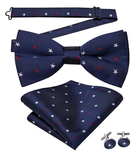 Image of Hi-Tie Bow Ties for Men Pre-Tied Pocket Square with Cufflinks Mens Bowtie Sets for Wedding Formal Party