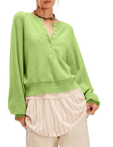 Women's Fall Sweater Henley Neck Long Sleeve Lightweight Pullover Casual Knit Top Lounge Workwear Solid Color3