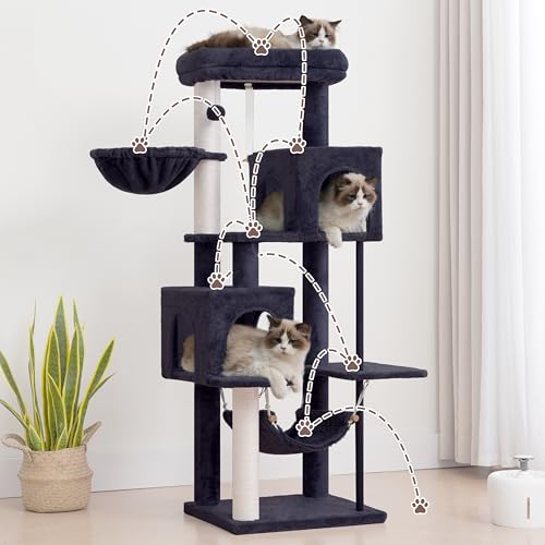 Image of Gitelsnour Cat Tree Tower with Sturdy Steel Tube for Indoor Cats GCT014G | 51.2'' Cat Furniture with Scratching Posts, Hammock, Basket and Padding Top Platform for Inoor Cats Large Adult, Drak Gray