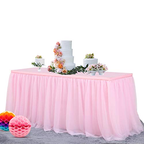 NSSONBEN 14FT Pink Tulle Table Skirt Fluffy and Elegant Tutu Table Skirting for Wedding Birthday Party Baby Shower Gender Reveal Home Decor (L168in×H30in)