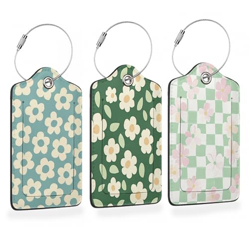 Vintage Cream Daisy 3 Pack PU Leahter Luggage Tag with Stainless Steel Loop, Pastel Pink Floral Checkerboard Travel Suitcase Labels with Privacy Cover ID Label Quickly Spot for Bags