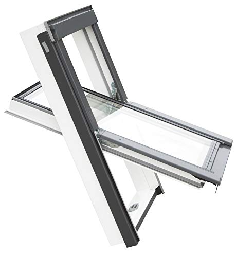 YARDLITE APX White PVC Roof Window, Centre-Pivot, Double Glazed Loft Attic Skylight. Easy to Install, Bundle with Plain, Slate, Tile or Universal Flashing - C4A (55 x 98cm) + Universal Flashing
