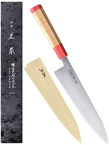 MASAMOTO KS Japanese Gyuto Chef's Knife with Sheath 9.5' (240mm) Made in JAPAN, Professional Kitchen Chef Knife, Ultra Sharp Japanese Carbon Steel Blade, Octagonal Maple Wood Handle, Pink