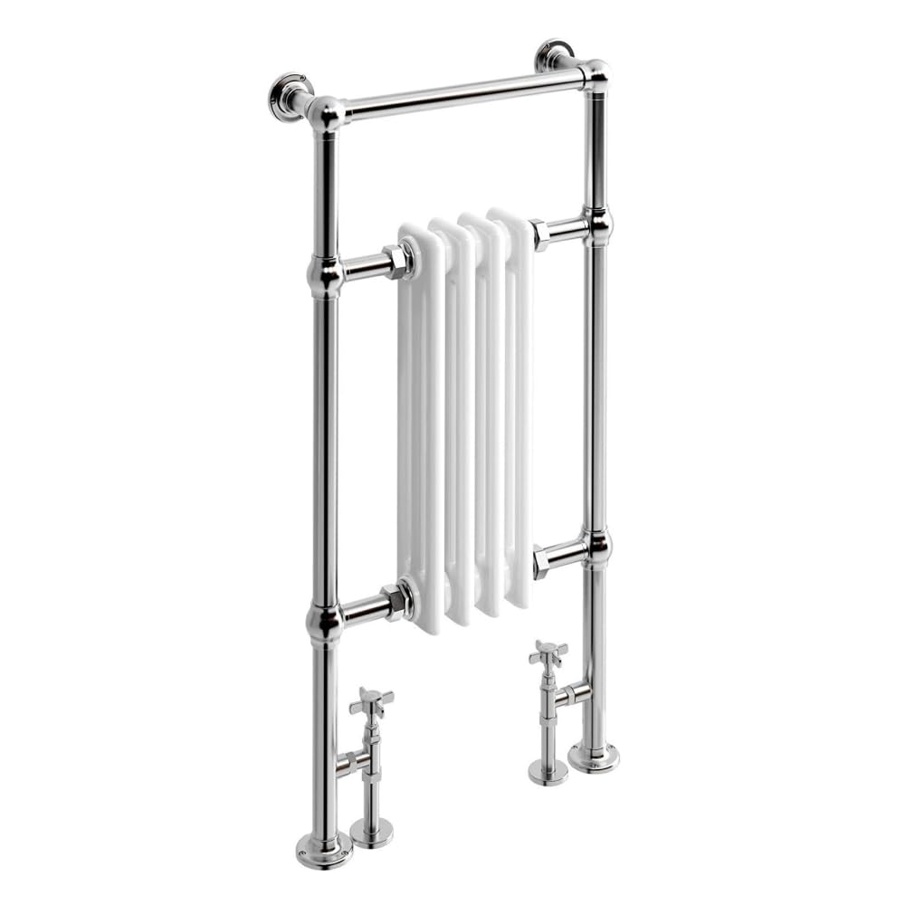 iBathUK Windsor Traditional Heated Towel Rail, 4 Column Triple Panel Vertical Hydronic Radiator, Floor Mounted with Wall Support, Flat Rail Central Heating in Chrome Plated Gloss White, 952 x 479mm