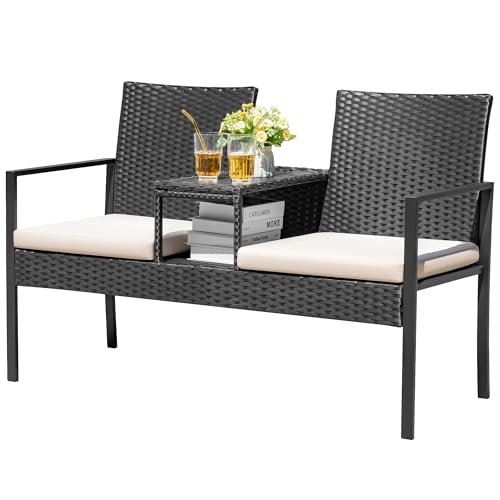Devoko Patio Conversation Sets Outdoor Loveseat with Built-in Table &