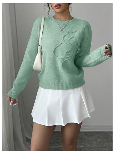 Image of RoseSeek Women's 3D Floral Appliques Crewneck Sweaters Long Sleeve Drop Shoulder Pullovers Elegant Knit Tops