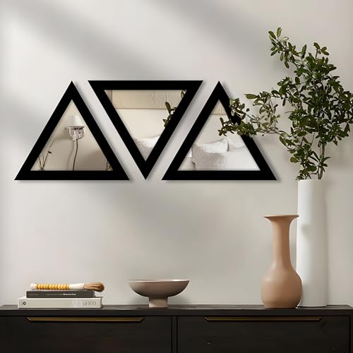 Image of Art Street Acrylic Triangle Decorative Wall Mirror Set of 3 Triangle Shape Mirror for Home Decoration, (9x9 Inch, Black)