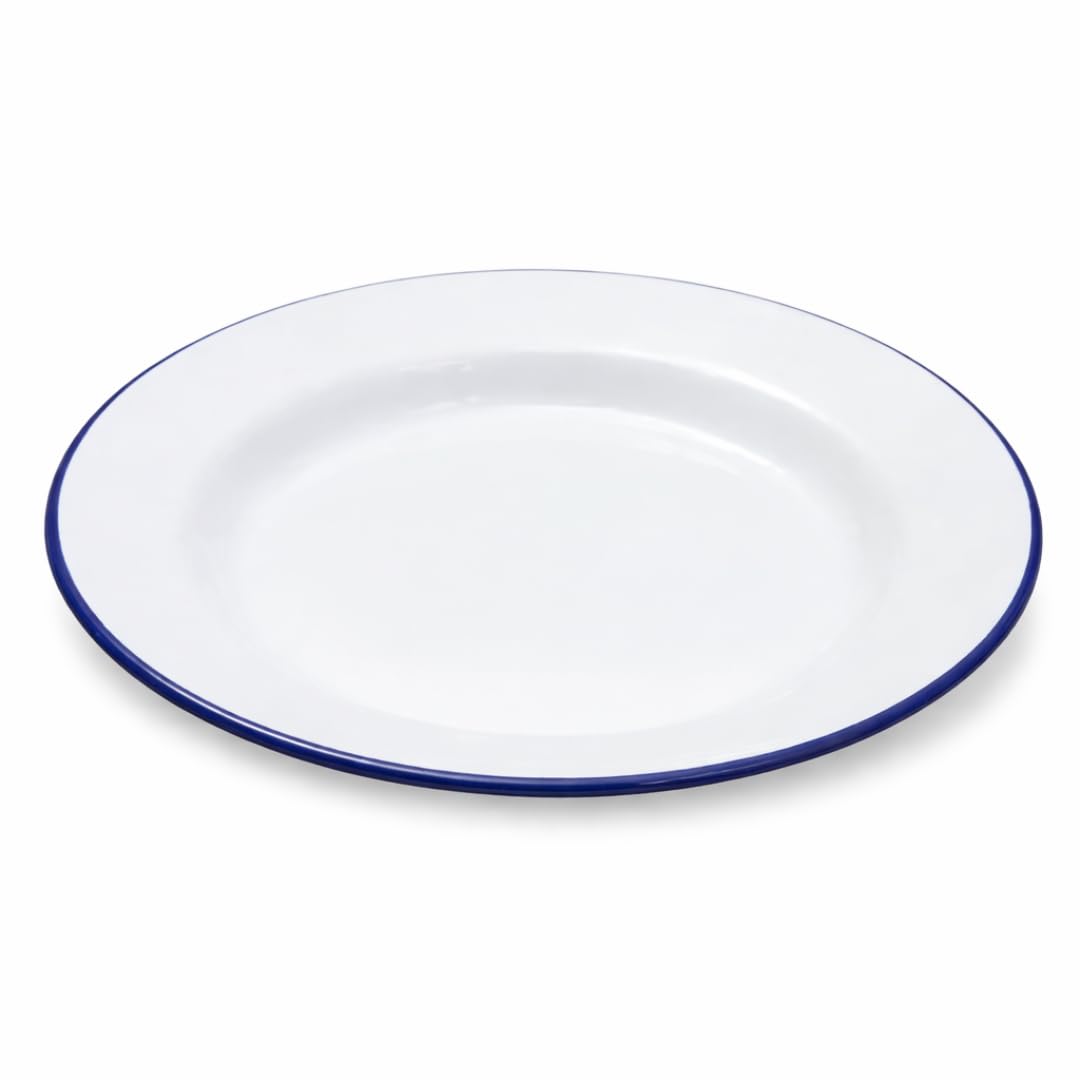 Premium Quality Traditional Enamel White Blue Trim Rice, Pasta, Dinner Plate, Round Pie Plate, Soup Plate, Mixing Bowl, Deep Dish Tableware Crockery (Dinner Plate 20cm)
