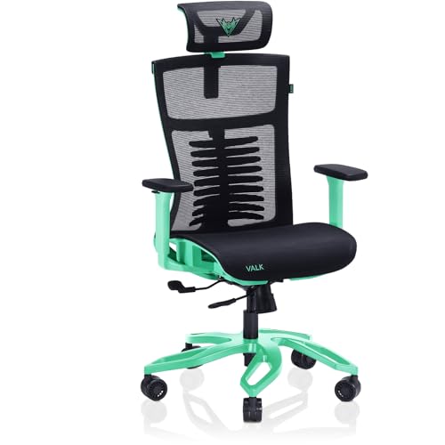 VALK Noma - Silla Gaming de Malla Transpirable, Silla Oficina Ergonomica, Reposabrazos 3D, Base Aluminio, Mecanismo Sincronizado, Reclinable, Asiento Deslizante, Reposacabezas (Negro/Aqua Menthe)