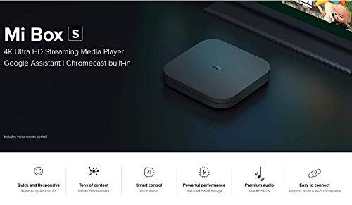 Xiaomi Mi Box S 2GB RAM + 8GB Storage Lecteur multimédia 4K Ultra HD avec télécommande Google Assistant, Bluetooth, HDR 4K, Audio Dolby, DTS HD, Android 8.1