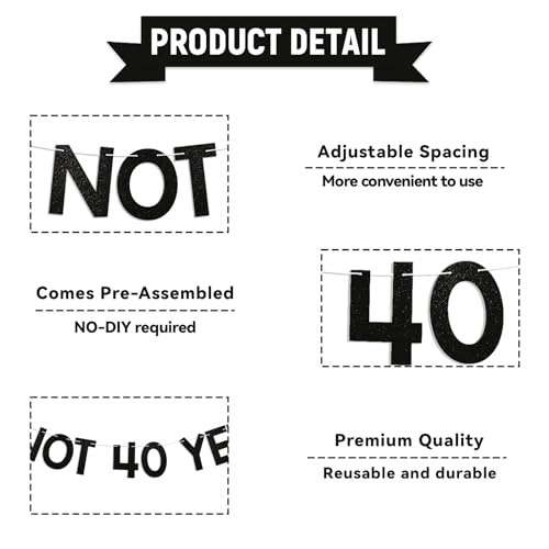 Image of Not 40 Yet Banner - Last Year In My 30s Banner, Happy 39th Birthday Sign, Cheers to 39 Years,Funny 39th Birthday Party Decorations Black Glitter