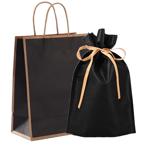 YFFSFDC ラッピング 袋 プレゼント袋 紙袋 ギフトラッピング 袋 包装袋 リボン付き 巾着袋 プレゼント 小 ラッピング用品 誕生日 結婚式 贈り物 (ラッピング袋+紙袋 黒)