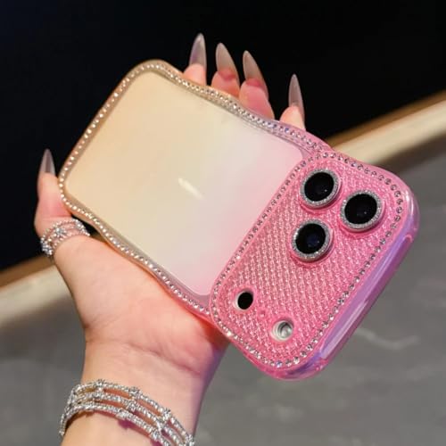 Coque paillettes rose orange pour iPhone 15 style estival en terrasse