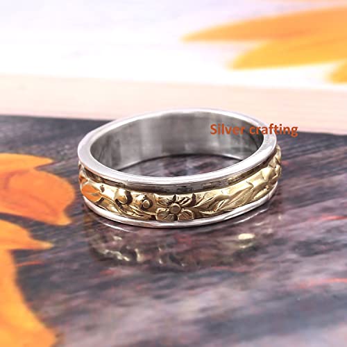 Floral Spin Band Spinning Spinner Ring Sterling Silver Fashion Ring Meditation Fidget Anxiety Ring, Silver Jewelry (7.5) #TOP1