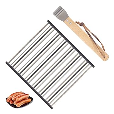 AMAZON - ILceNodie Hot Dog Roller for Grill, Sausage Roller Rack with Extra Long Wood Handle, Stainless Steel BBQ Griller for 5 Hot Dog Capacity Evenly Cooked