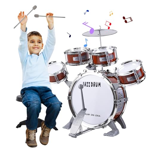 Hilifexll Batería Niños Instrumento, Batería Infantil Jazz 5 Tambores Percusión con Taburete, Juguetes para Niños Musical Educativos Niños y Niñas de 3 4 5 6 7 Años