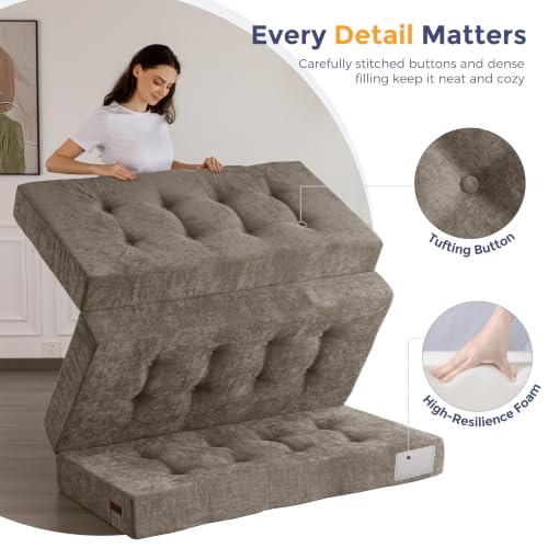 Image of MAXYOYO 6 inch Folding Sofa Bed for Floor, Tufted Tri-Fold Floor Mattress | Queen Size Portable Sofa Couch Guest Mat with Chenille Fabric for Adults, Foldable Topper for Camping, Brown, Queen
