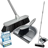 Indoor Broom with Dustpan and Brush Set for Cleaning Laminate, Tile, Wood, Vinyl Flooring - 4pc Durable, Long Handle, No Bending, Rubber Lip Dust Pan and Brush