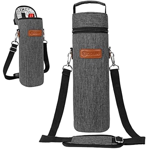 opux Wine Bag Single Bottle Carrier Tote, Insulated Wine Cooler Bag for Travel Picnic Beach with Shoulder Strap, Thermal One Bottle Holder Carrying Case Wine Gift for Women Men, Charcoal Gray Cover