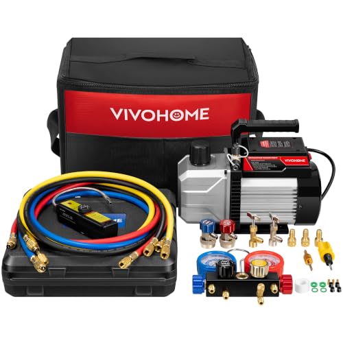 Image of VIVOHOME 1 /3 HP 4.5CFM 1 Stage HVAC Vacuum Pump and 4 Way AC Manifold Gauge | 110V AC Vacuum Pump Kit, Leak Detector, 5ft Hoses, for R134a R410a R12 R22 R502 Air Conditioning Refrigeration Recharging