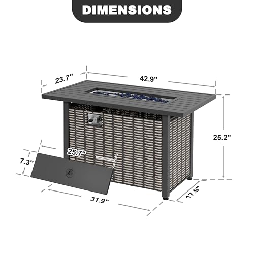 Image of Nuu Garden 43'' Propane Gas Fire Pit Rattan Outdoor Fire Pit Table 50,000 BTU Smokeless Gas Fire Pit with Lid and Glass Beads, Metal Tabletop Patio Fire Pit Table for Outside Patio Backyard, Brown