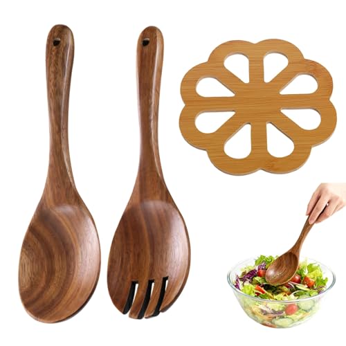 Ailah Lot De 3 Ustensiles De Cuisine Bois – Cuillère en Bois, Couvert À Salade, Dessous De Plat Bambou Rond Fleur, Ustensiles De Cuisine Bois Naturel pour Servir Salades Et Protéger La Table